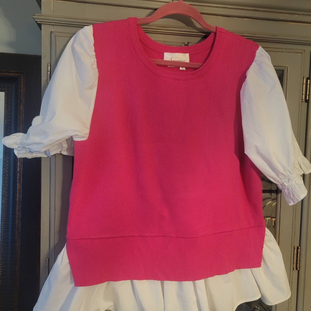 By Anthropologie Layered Poplin-Sleeve Sweater